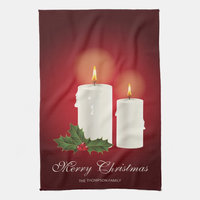 White Christmas Candles On Red With Custom Text Tea Towel (Vertical)