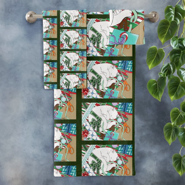 White Christmas Cat Bath Towel Set (Creator Uploaded)