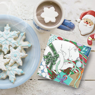White Christmas Cat Glass Coaster