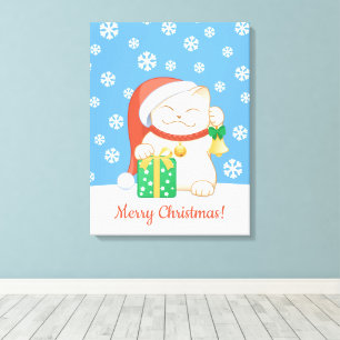 White Christmas Cat in a Red Hat Canvas Print