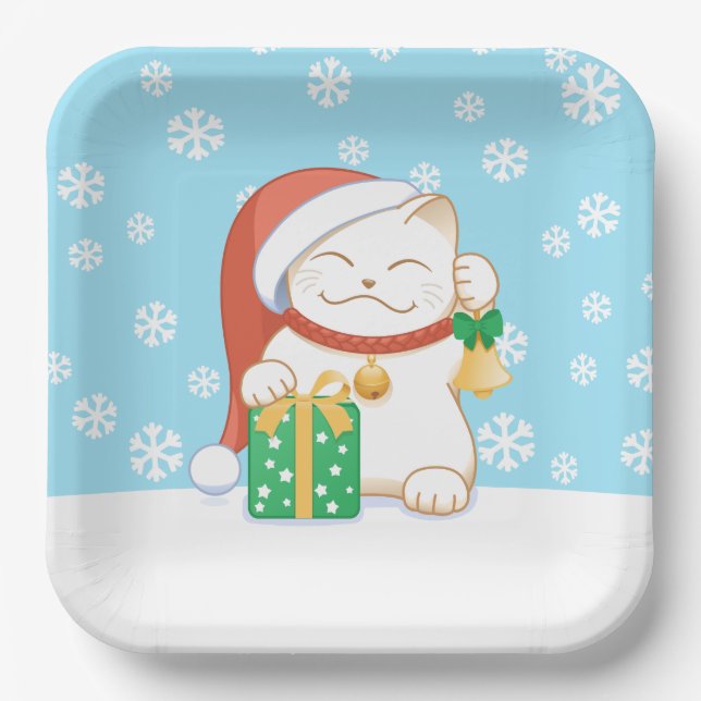 White Christmas Cat in a Red Hat Paper Plate (Front)