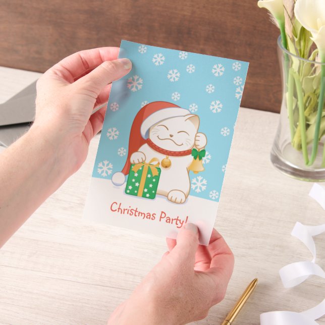 White Christmas Cat in a Red Hat Party Insert Vellum Invitations (Handheld)