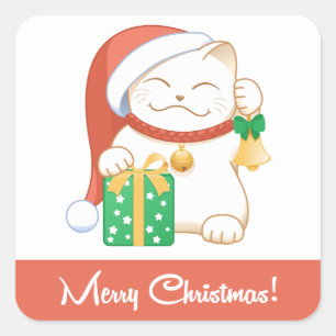 White Christmas Cat in a Red Hat Square Sticker