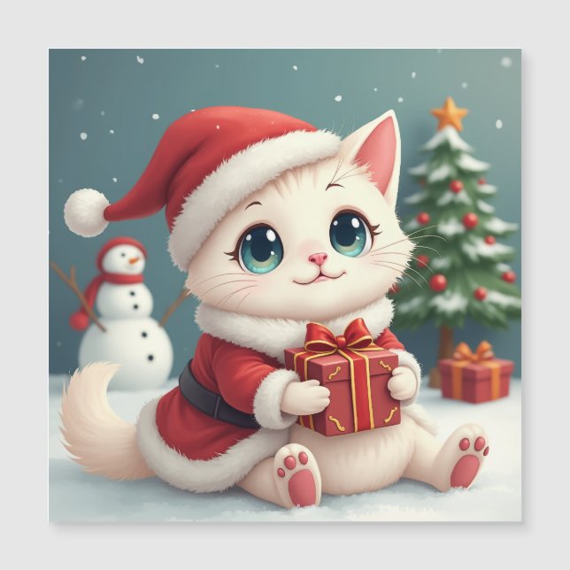 White Christmas Cat Magnetic Card (Front)