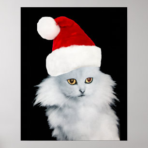 WHITE CHRISTMAS CAT WITH SANTA CLAUS HAT POSTER
