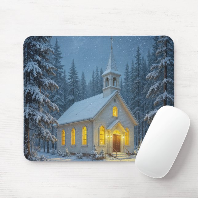 White Christmas Chapel In Winter Pines Mouse Pad (With Mouse)
