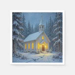 White Christmas Chapel In Winter Pines Napkin
