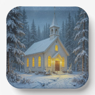 White Christmas Chapel In Winter Pines Paper Plate