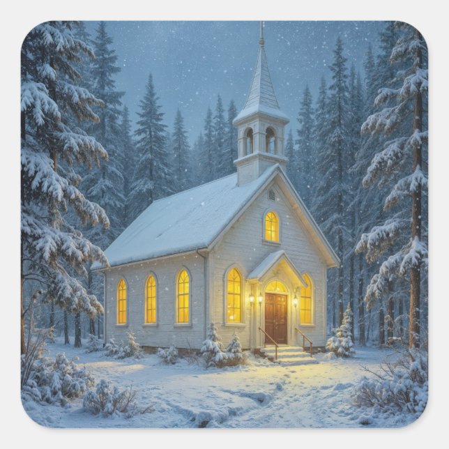 White Christmas Chapel In Winter Pines Square Sticker (Front)