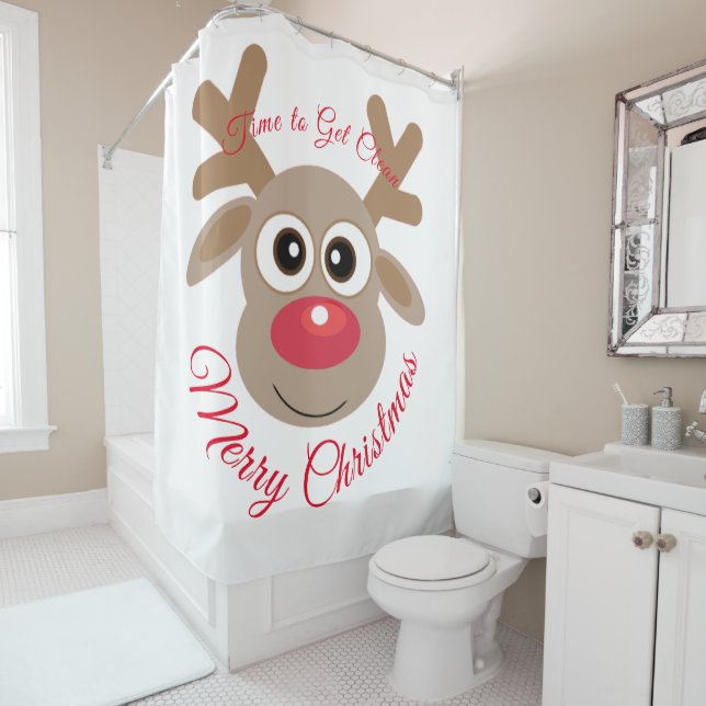 White Christmas Cute Cartoon Reindeer Red Script Shower Curtain (In Situ)