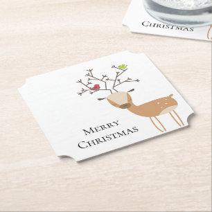 White Christmas Deer with Birds Paper Coaster