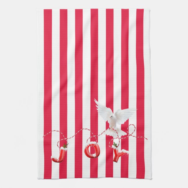 White Christmas Dove On Stripes Tea Towel (Vertical)