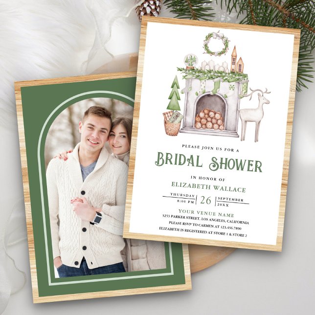 White Christmas Fireplace Photo Bridal Shower Invitation (Creator Uploaded)