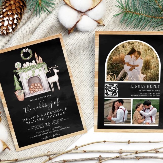 White Christmas Fireplace QR Code Black Wedding Invitation (Creator Uploaded)