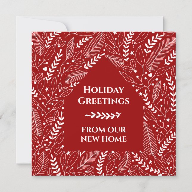 White Christmas Florals on Holiday Red New Home Announcement (Front)