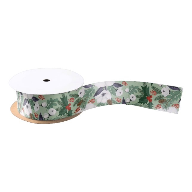  White Christmas flowers and red berries pattern T Satin Ribbon (Spool)
