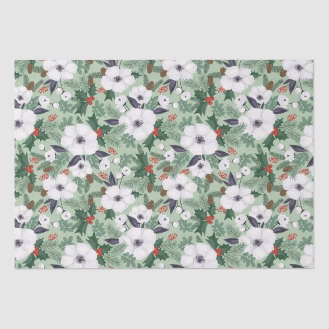 White Christmas flowers and red berries pattern Tissue Paper (Front)