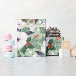 White Christmas flowers and red berries pattern Wrapping Paper