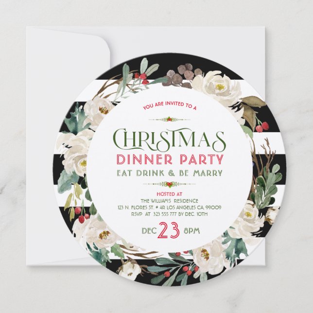 White Christmas Flowers Wreath & Stripes Pattern Invitation (Front)