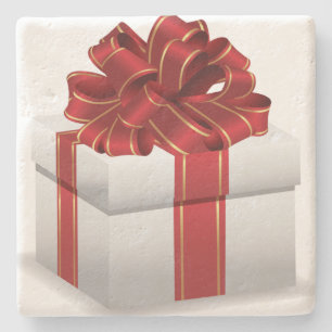 White Christmas Gift Red Ribbon Stone Coaster