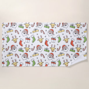 White Christmas Happy Santa and Reindeer Pattern Beach Towel