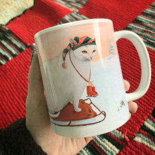 White Christmas Holiday Cat in Snow Coffee Mug