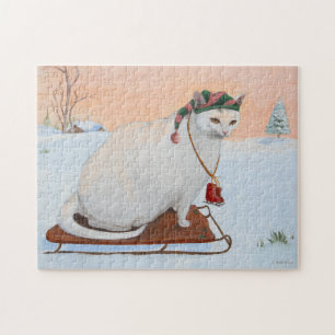White Christmas Holiday Cat in Snow Jigsaw Puzzle