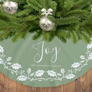 White Christmas Holly Joy Light Green Brushed Polyester Tree Skirt