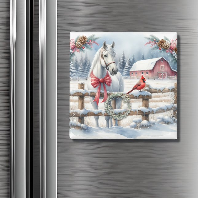 White Christmas Horse and Cardinal  Magnet (Creator Uploaded)