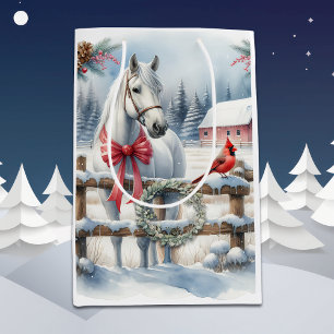 White Christmas Horse and Cardinal  Medium Gift Bag