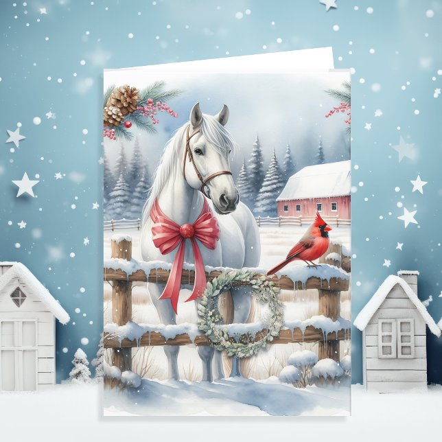 White Christmas Horse and Cardinal Personalised Holiday Card (Creator Uploaded)