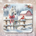 White Christmas Horse and Cardinal  Square Sticker<br><div class="desc">Christmas stickers with a pretty white horse,  a pretty red cardinal on the fence and a rustic barn in the background of a snowy winter day done watercolor ai art.</div>