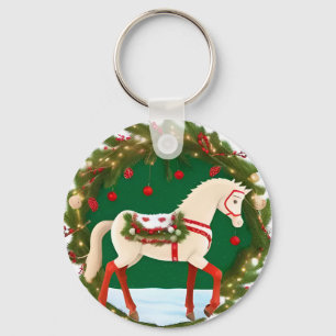 White Christmas Horse with Festive Wreath Key Ring