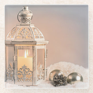 White Christmas Lantern and Ornaments Glass Coaster