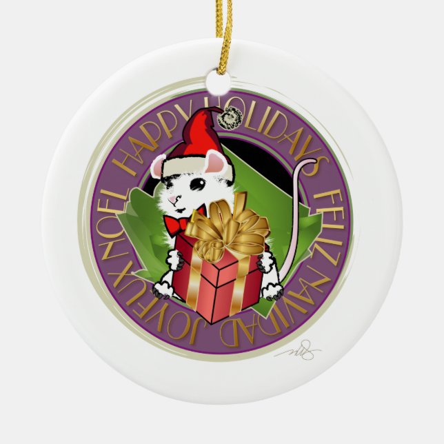 White Christmas Mouse Holiday Greeting Ceramic Tree Decoration (Front)