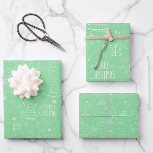 White Christmas Outlines on Grass Green Wrapping Paper Sheet