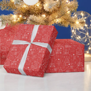 White Christmas Outlines on Red Wrapping Paper