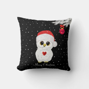 White Christmas Owl  on Black Cushion