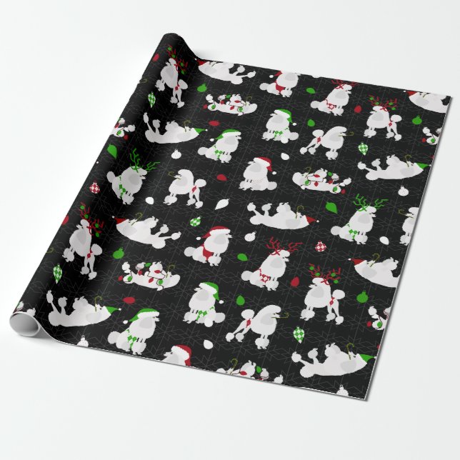 White Christmas Poodles Black Wrapping Paper (Unrolled)