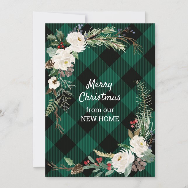 White Christmas Roses Green Buffalo Plaid New Home Holiday Card (Front)