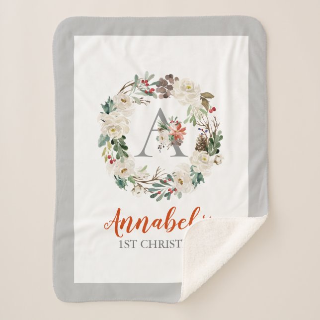 White Christmas Roses & Winter Foliage Wreath Sherpa Blanket (Front)