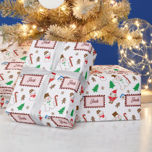 White Christmas Santa, Snowman Gingerbread Holiday Wrapping Paper