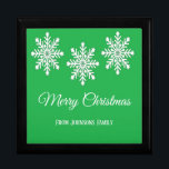 White Christmas snowflakes Merry Christmas green Gift Box<br><div class="desc">Celebrate the holiday season with the enchanting "White Christmas Snowflakes" design,  featuring delicate snowflakes and a joyful "Merry Christmas" message on a vibrant green background. This festive composition captures the essence of a winter wonderland and spreads holiday cheer with its classic and inviting design.</div>