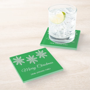 White Christmas snowflakes Merry Christmas green Glass Coaster