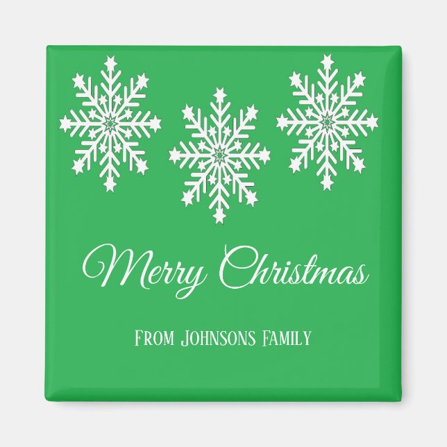 White Christmas snowflakes Merry Christmas green Magnet (Front)