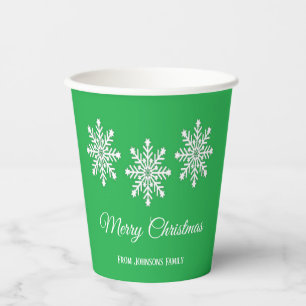 White Christmas snowflakes Merry Christmas green Paper Cups