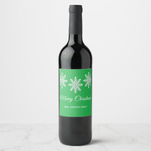 White Christmas snowflakes Merry Christmas green Wine Label