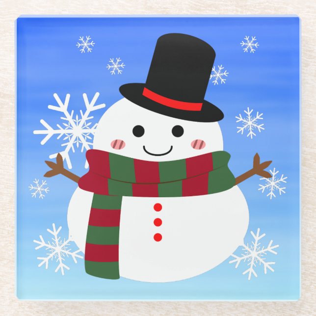 White Christmas Snowman Glass Coaster (Front)