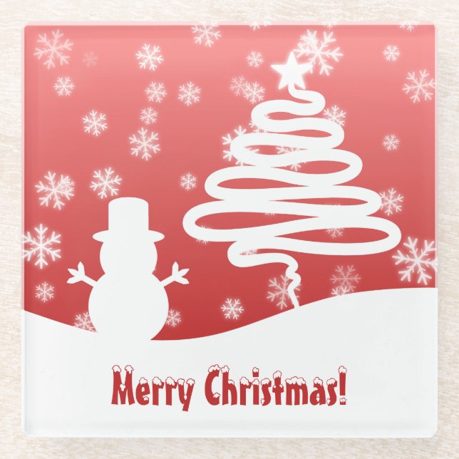 White Christmas Tree and Snowman Glass Coaster (Front)