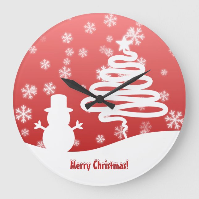 White Christmas Tree and Snowman Large Clock (Front)